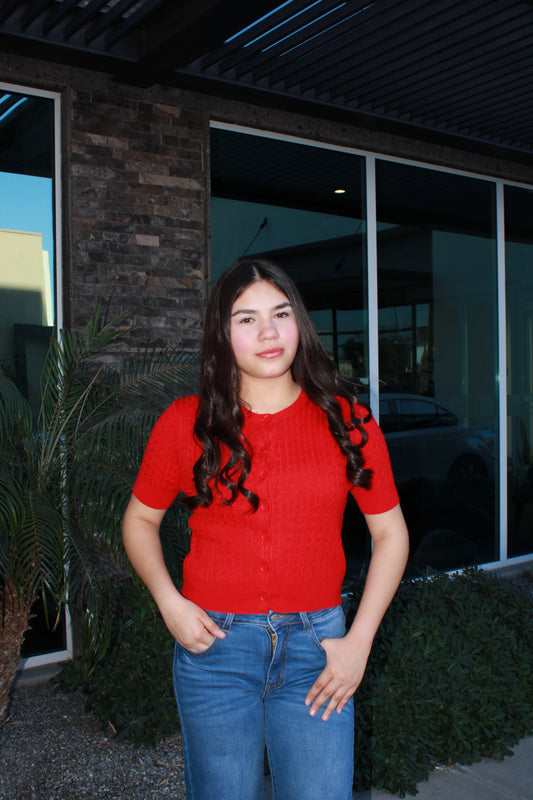 Suéter de manga, corta rojo con botones #11678￼