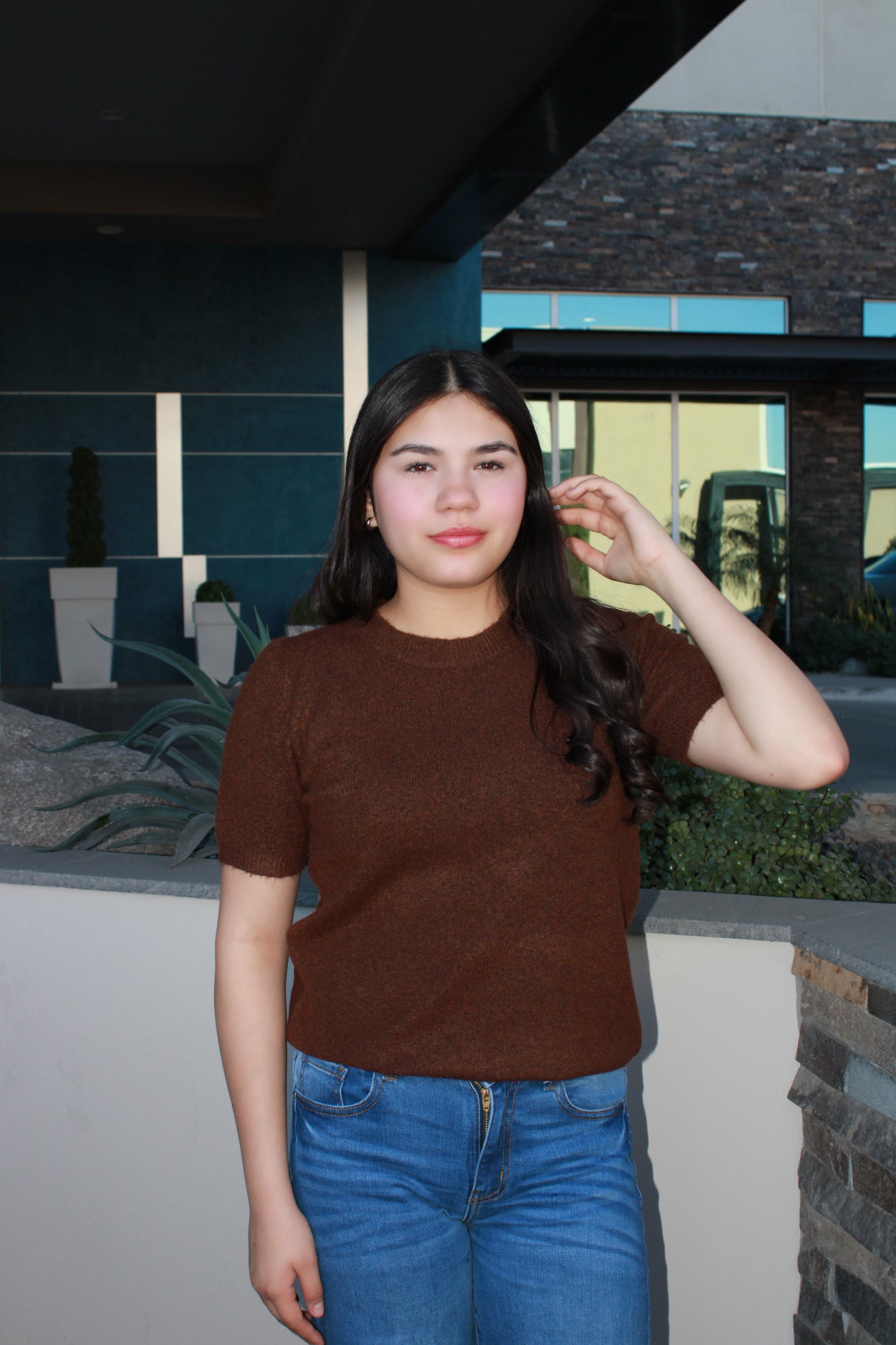 Blusa manga, corta de suéter café #11677￼