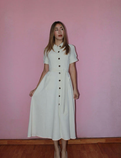 Vestido, color crema con botones, midi con manga #11756