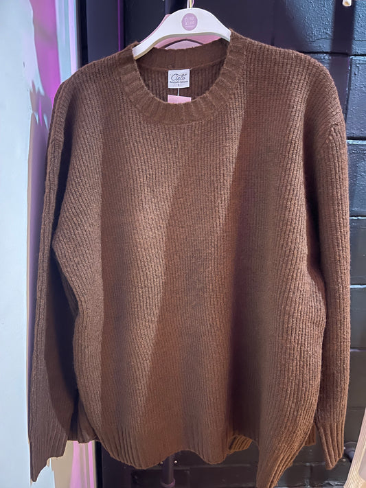 Suéter, café, cuello redondo, largo #11593￼