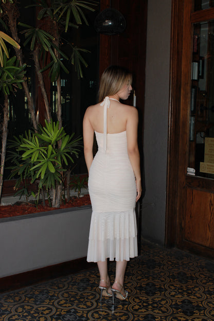 Vestido beige halter corrugado midi #11311