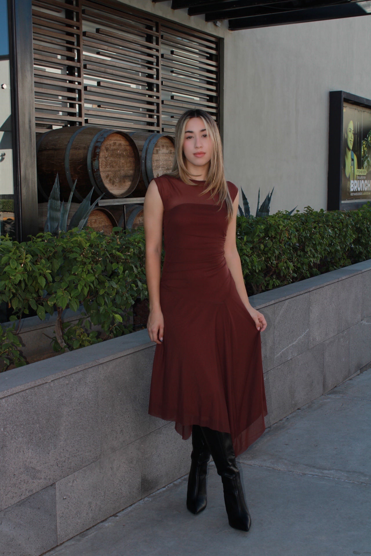 Vestido midi café tela mesh #11514