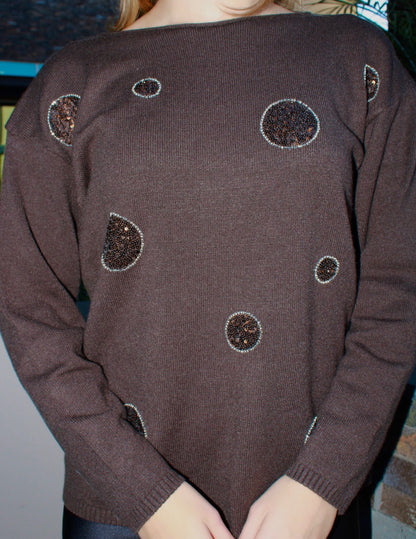 Blusa, suéter, café, con bolas de brillos #11663￼
