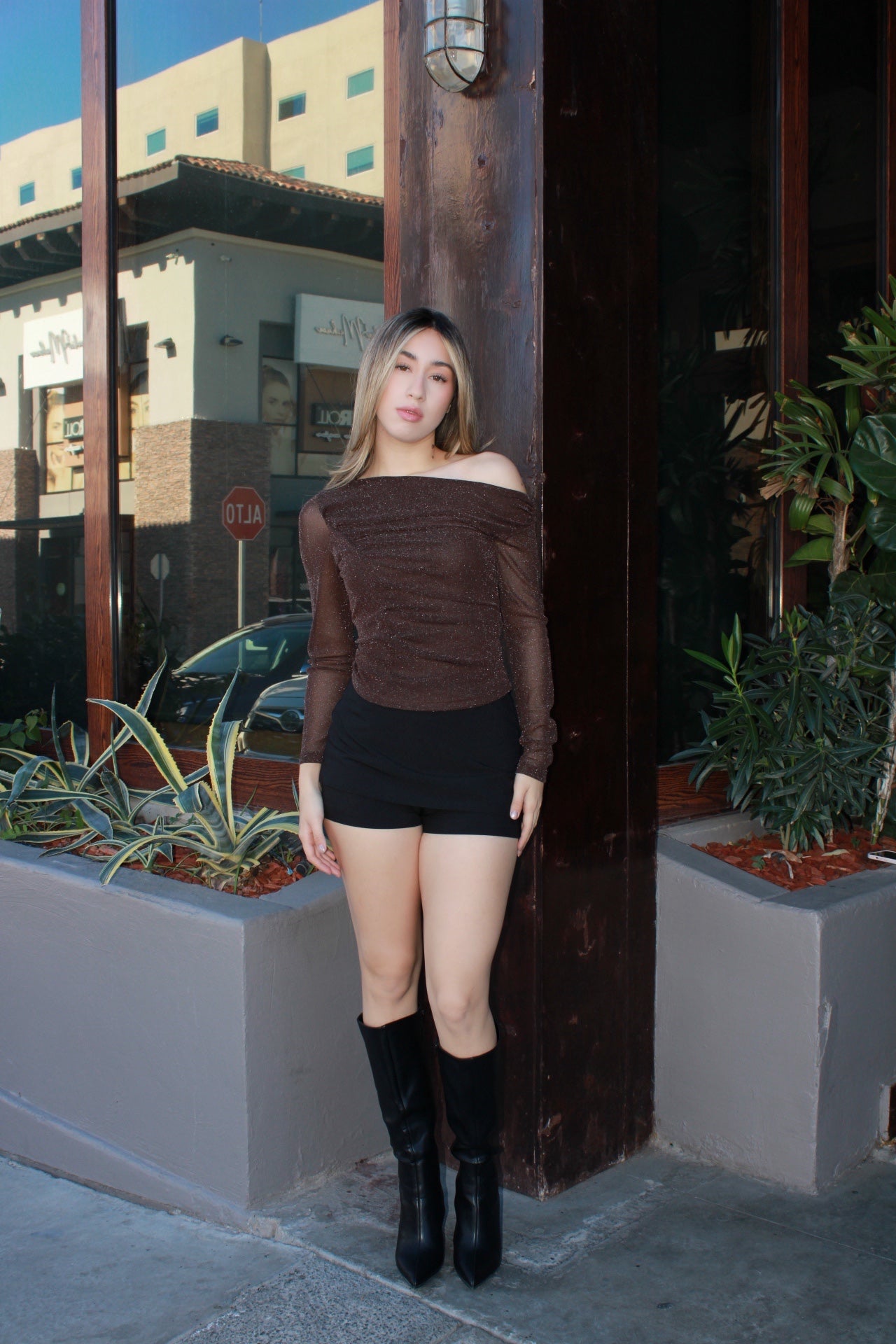 Blusa café con brillitos #11560