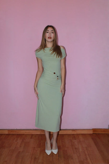 Vestido midi verde con detalle metálico #11757