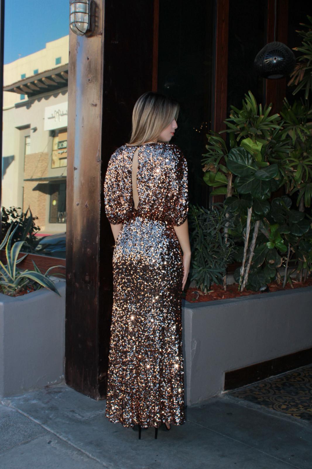 Vestido largo de lentejuela, color dorado, cobre ￼#11632