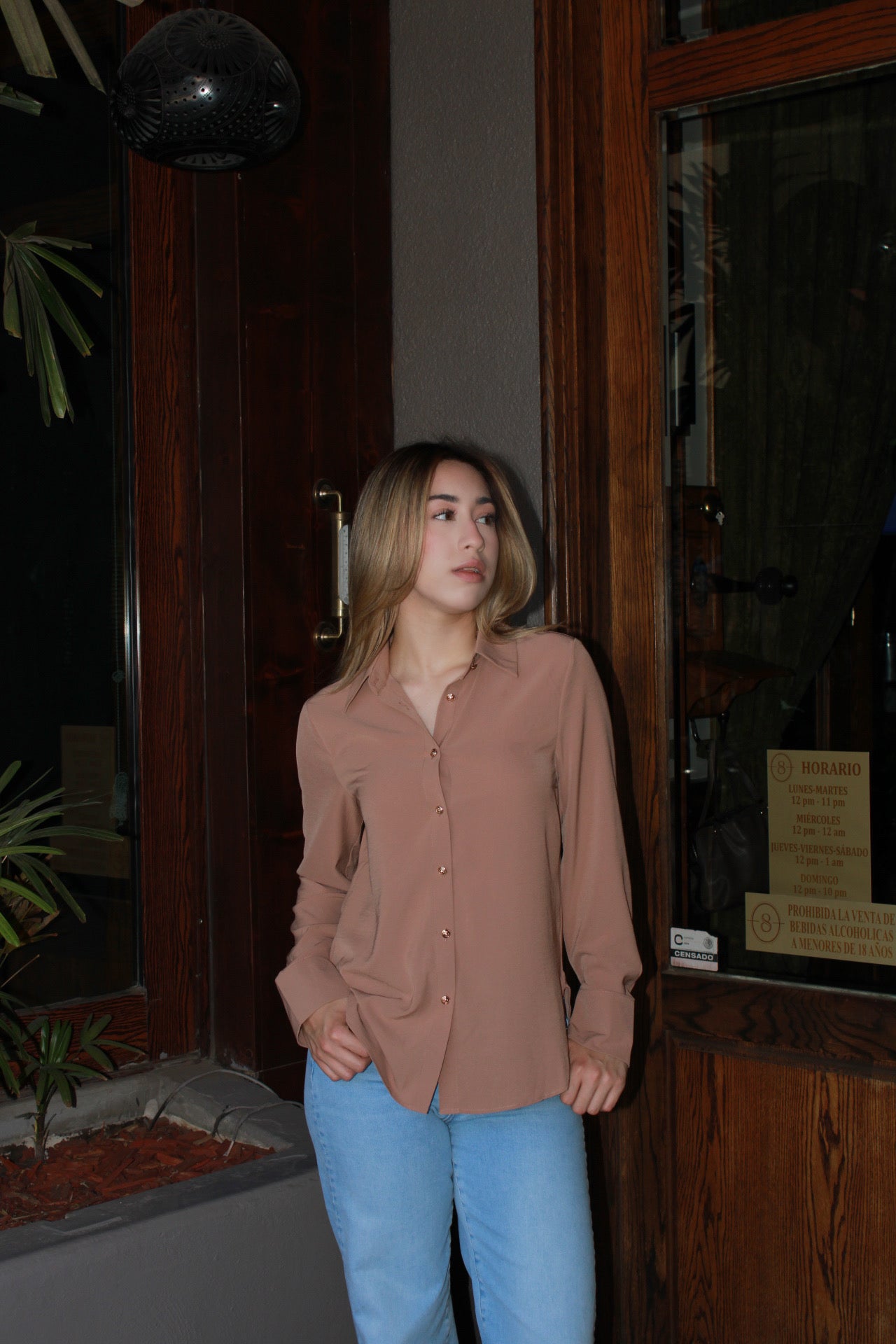 Camisa café con botones dorados #11245