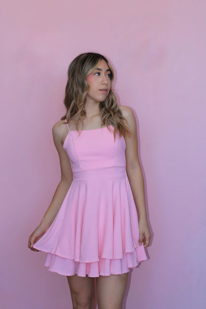 Vestido rosa corto de tirantes #11842￼