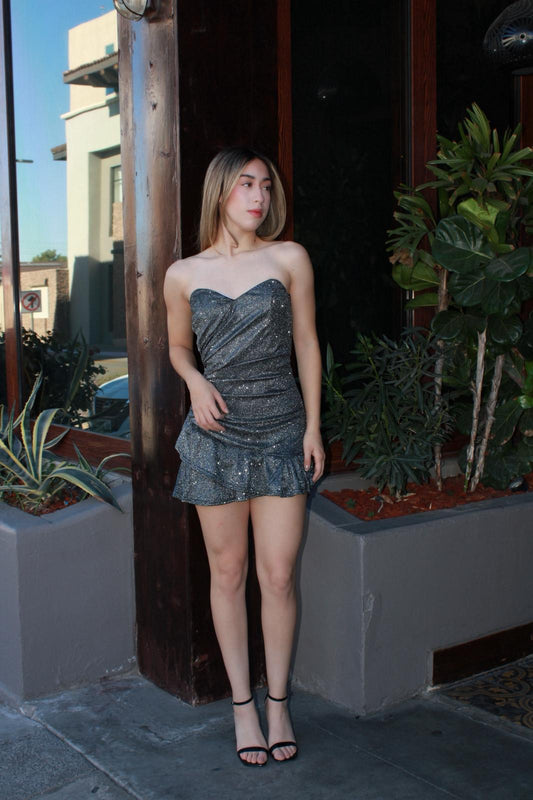 Vestido, straple, plateado oscuro corto￼#11635￼