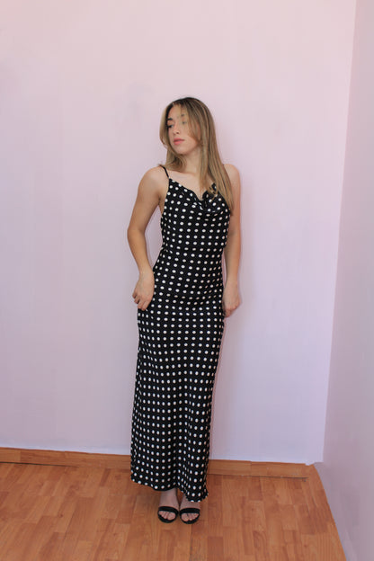 Vestido polka dots negro largo satinado #11881