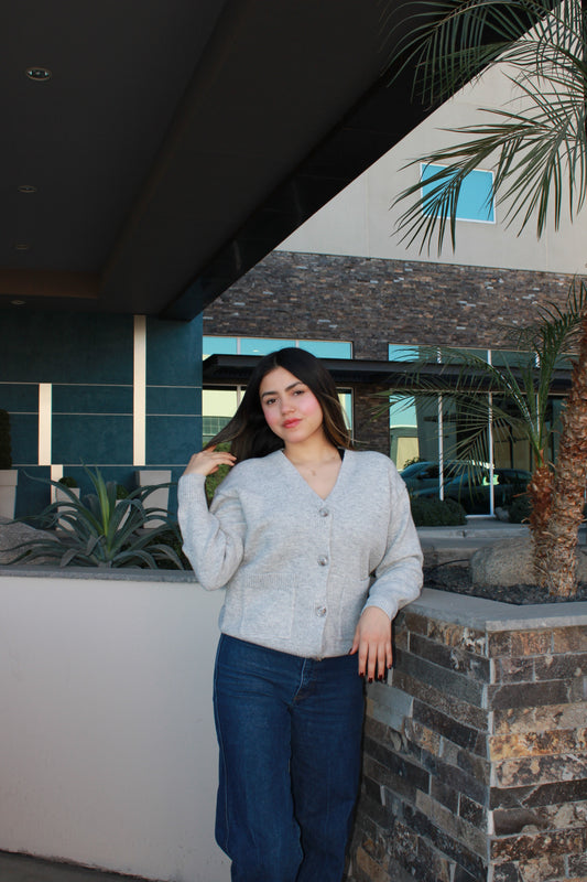 Suéter cardigan de botones gris cuello V #11698