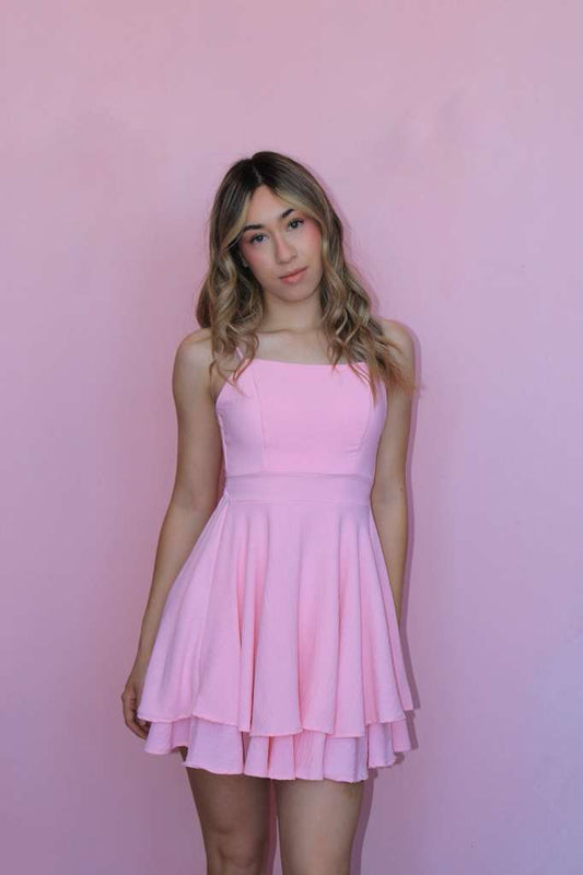 Vestido rosa corto de tirantes #11842￼