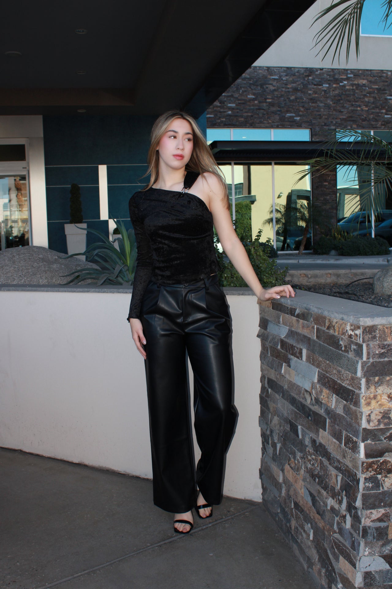 Blusa negra de terciopelo con brillos y una manga #11673￼