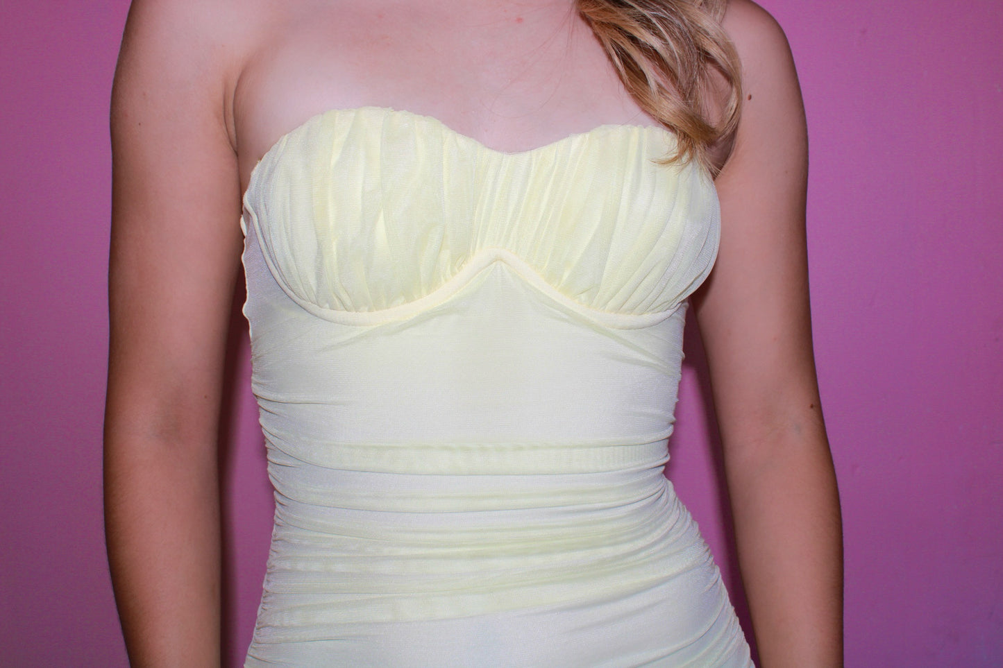 Vestido amarillo pastel strapless mesh #11341