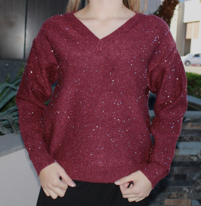 Suéter guinda, cuello V con brillos#11601