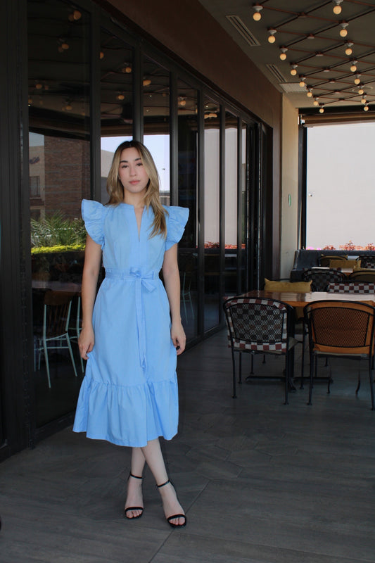 Vestido midi azul tela de camisa c Olán #11292