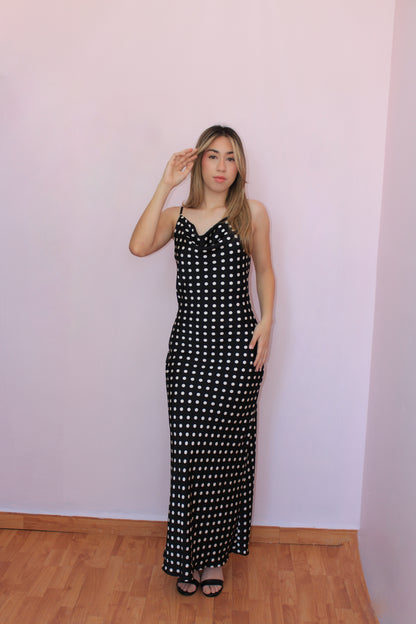 Vestido polka dots negro largo satinado #11881