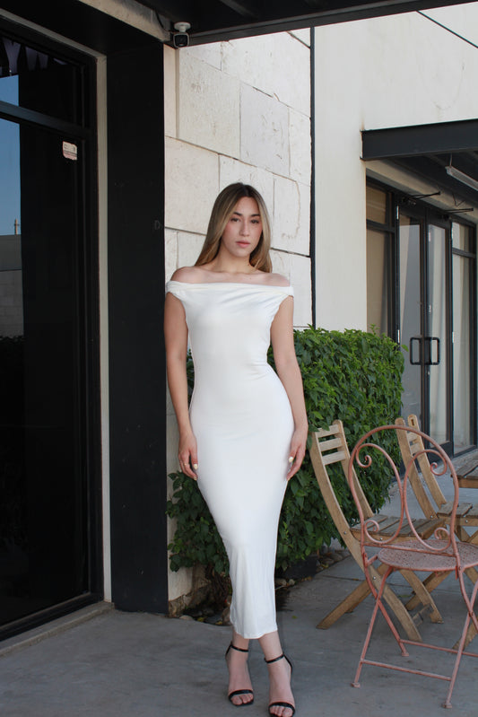 Vestido blanco midi off shoulder #11193
