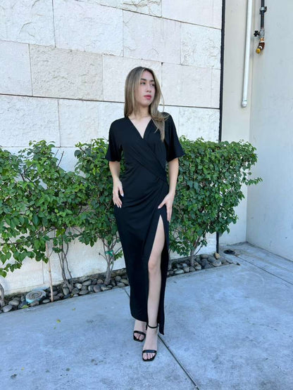 Vestido negro, largo, licra con manga#11535