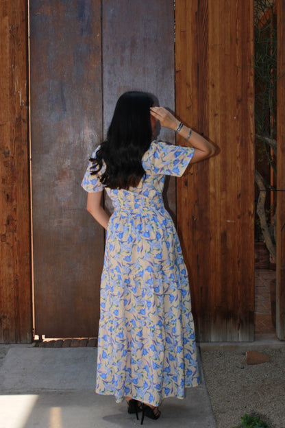 Vestido floreado beige c azul de manga #11256