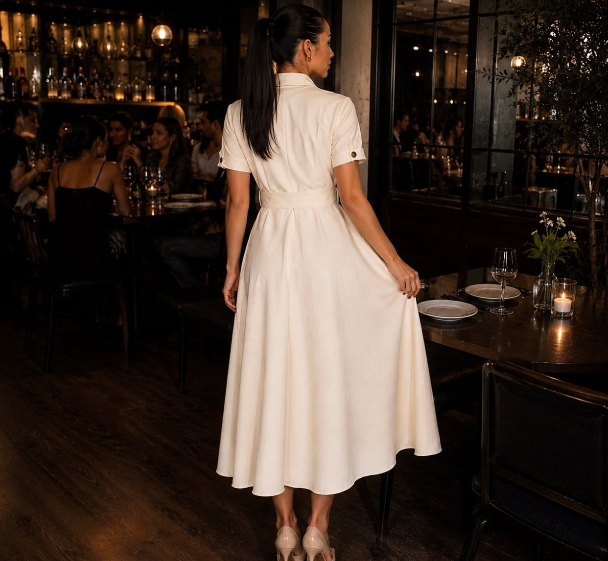 Vestido, color crema con botones, midi con manga #11756