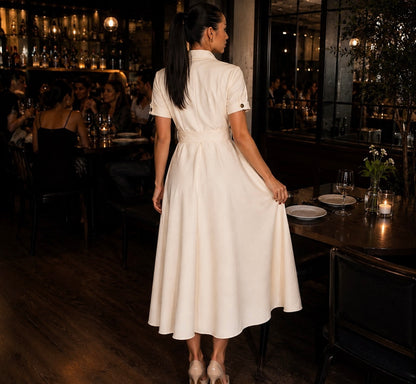 Vestido, color crema con botones, midi con manga #11756