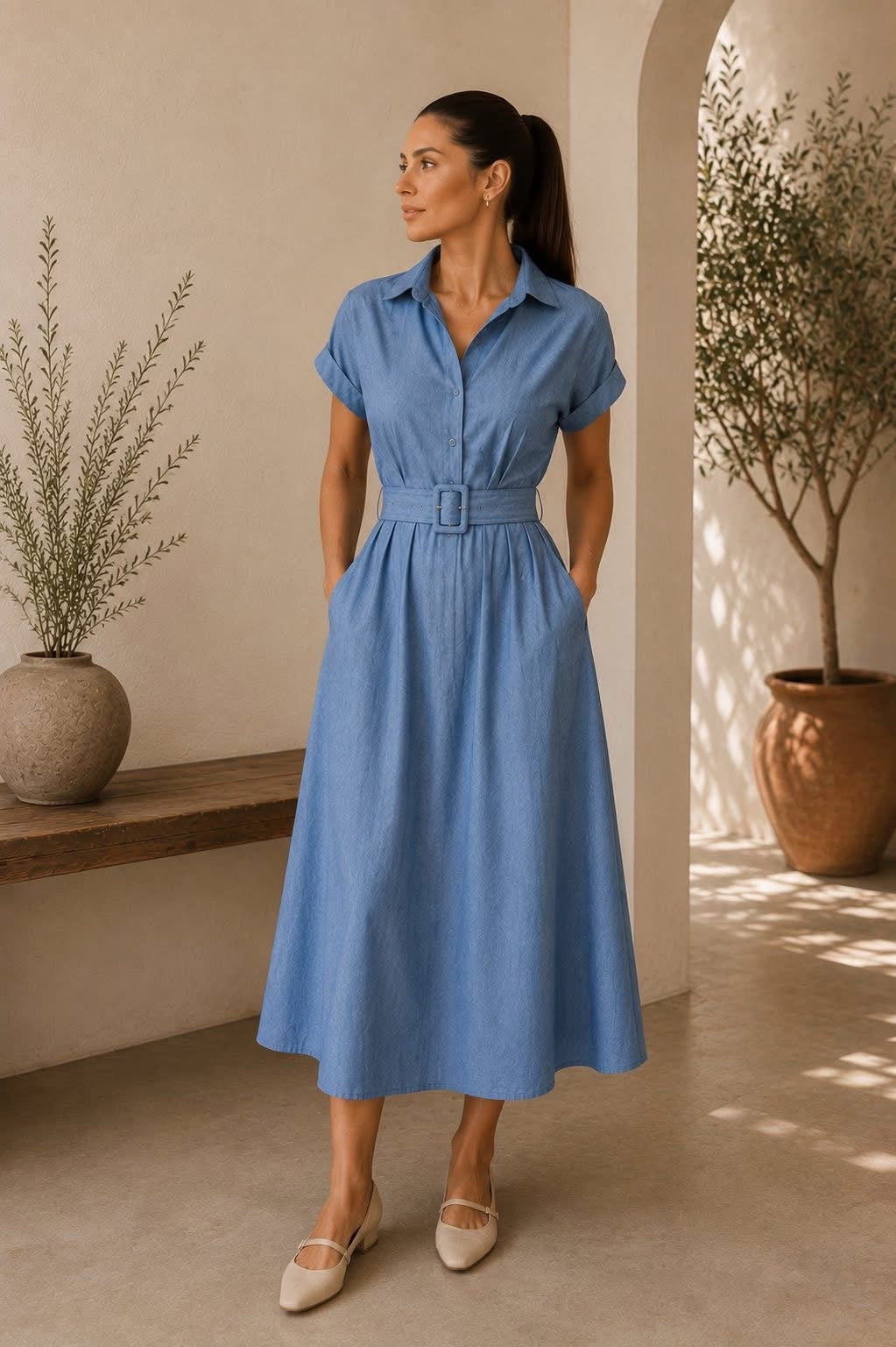 Vestido midi de mezclilla con cinto #11938