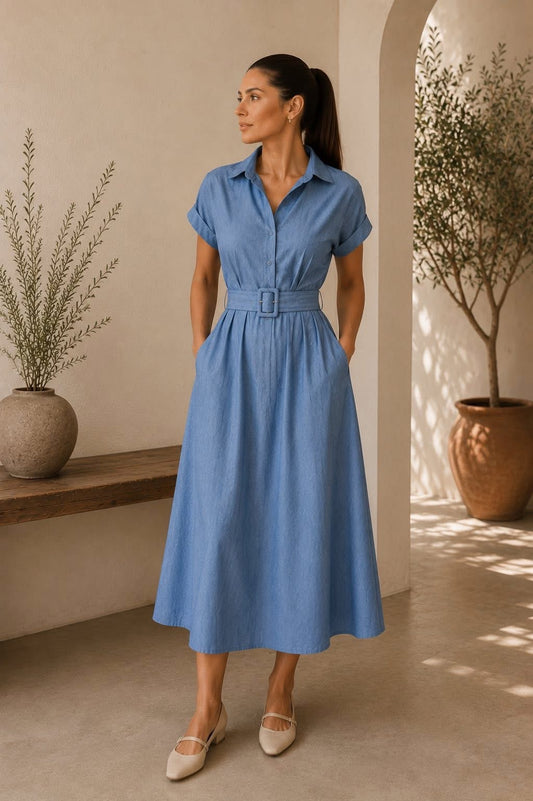 Vestido midi de mezclilla con cinto #11938