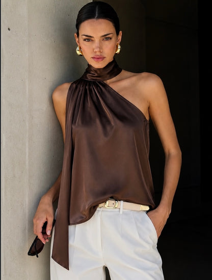 Blusa café satin con estola #11967
