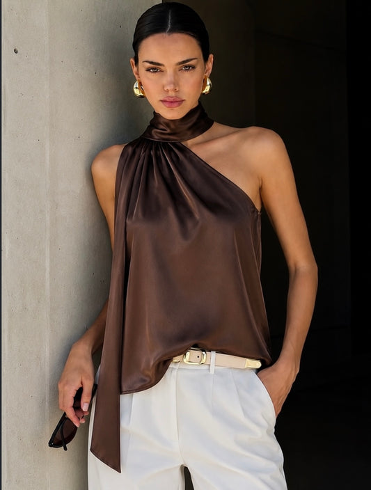 Blusa café satin con estola #11996