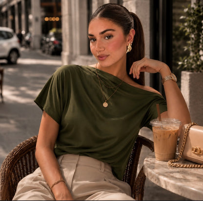 Blusa verde militar tipo satin #11968