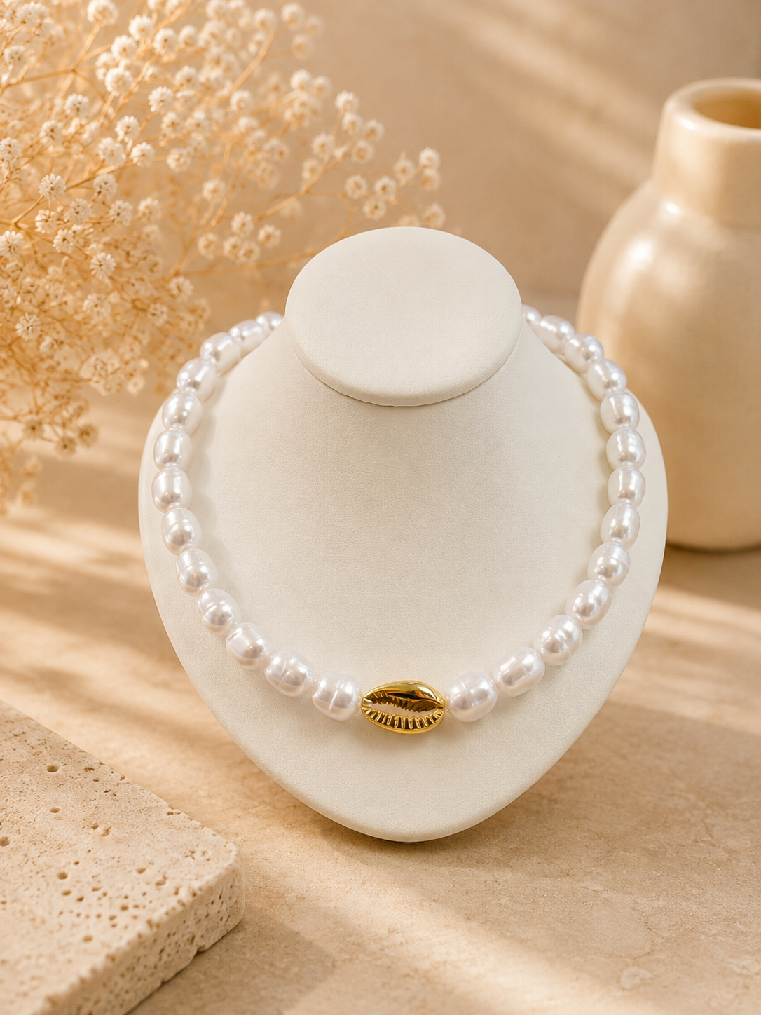 Collar aperlado con detalle de caracol dorado #31A