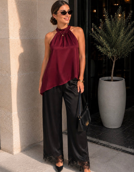 Pantalón satin negro con encaje #12015