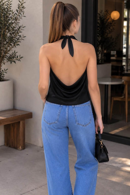 Blusa negra satinada halter #12024