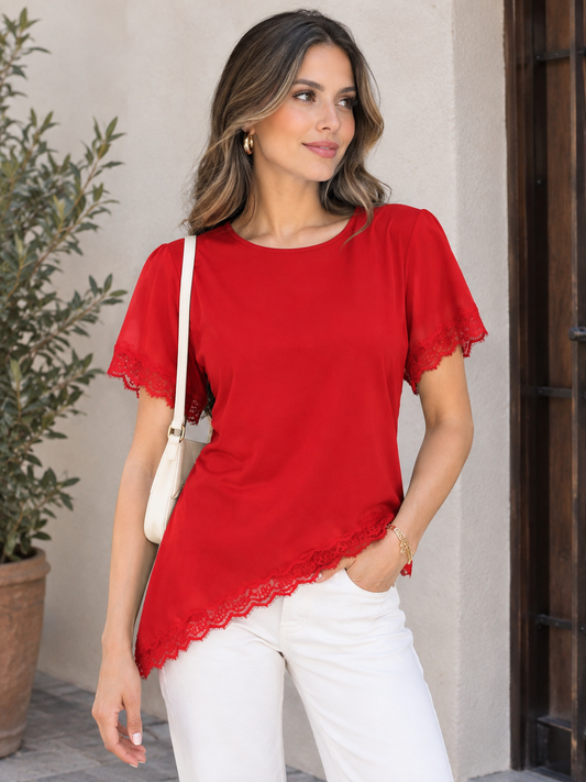 Blusa roja asimétrica con encaje #12026